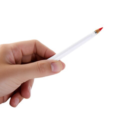 White pencil in woman's hand. White background.