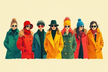 Fototapeta premium Vector group of modern stylish women and girls in fashion clothes standing together. fashionable spring or fall outfits. street style models. colored flat vector illustration