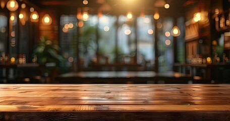 Vintage wooden table with blurred bokeh background in modern cafe or restaurant abstract perfect for displaying products with bright light retro design and empty space for business or celebration