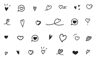ハートの線画ベクターイラスト落書き風デザイン装飾のセット