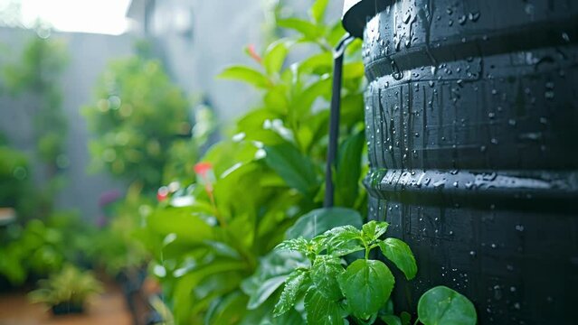 A closeup of a rain barrel attached to a downspout showcasing an ecofriendly and costeffective od of rainwater harvesting for watering office plants.