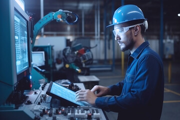 A male engineer in a construction helmet controls work processes through a computer.