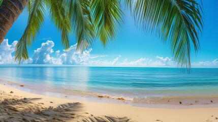 Palm tree beach panorama, tranquil tropical banner photo