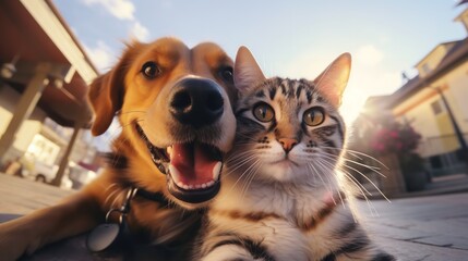 Cat and Dog Best Friends Taking a Selfie Shot

