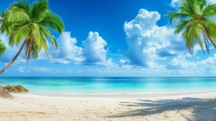 Panoramic tropical beach view with palms, idyllic banner