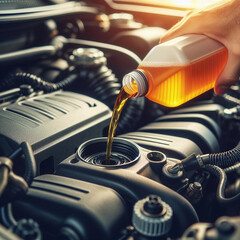 Close up of male hand pouring oil into car engine. Car maintenance concept. - obrazy, fototapety, plakaty