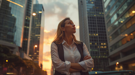Aspiring woman entrepreneur dreams of success, standing in middle of high rise buildings