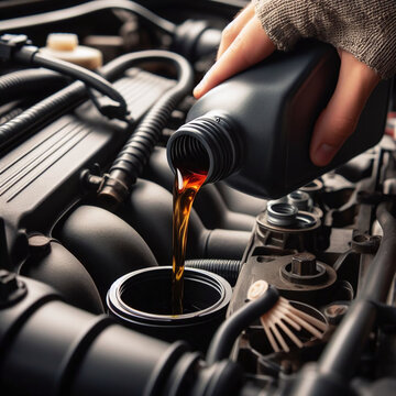 Closeup of female hand pouring oil into car engine. Selective focus.