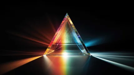 Fotobehang colorful glass prism triangle light dispersion in dark background, ai © Rachel Yee Laam Lai