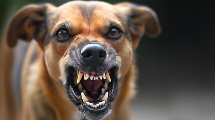An angry dog on a dark background. An aggressive dog barks and tries to bite. - obrazy, fototapety, plakaty