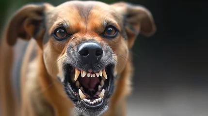 Fotobehang An angry dog on a dark background. An aggressive dog barks and tries to bite. © Ekaterina Chemakina