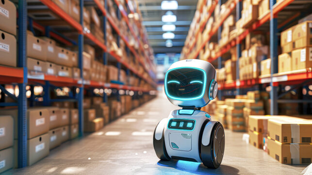 Autonomous Robot Navigating a Warehouse Aisle.An intelligent robotics system, designed for logistics, efficiently managing inventory in a large warehouse environment.