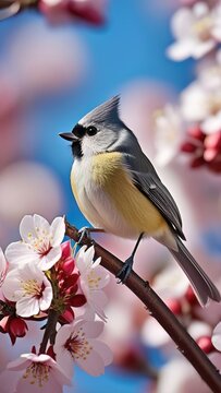 Tufted Titmouse (Baeolophus bicolor) bird sitting on a branch of cherry blossom