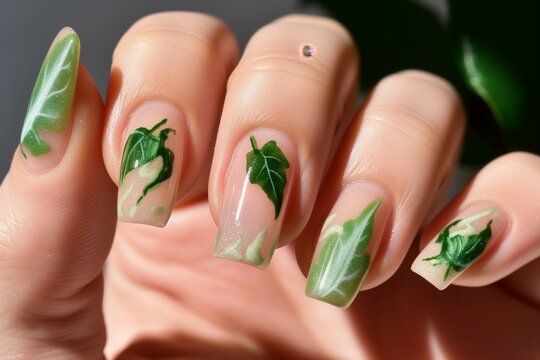 natural nails with a single green leaf design on each