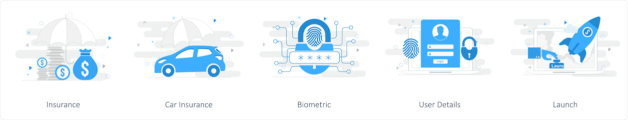 A set of 5 mix icons as insurance, car insurance, biometric