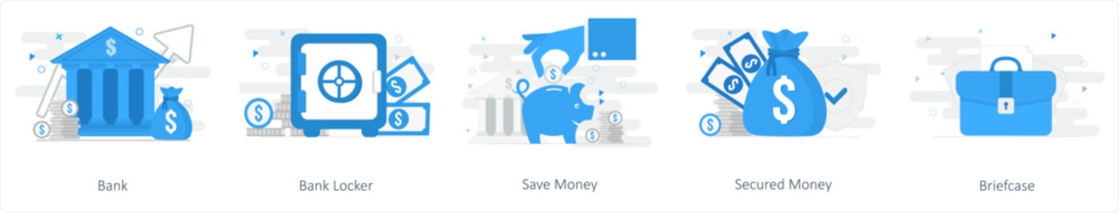 A set of 5 mix icons as bank, bank locker, save money