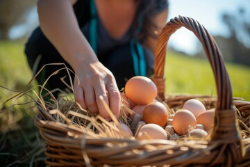 smile from lady collecting eggs in a wicker basket