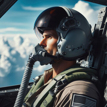 Cockpit of an american F-35 figher jet. Pilot wearing helmet and oxygen mask.