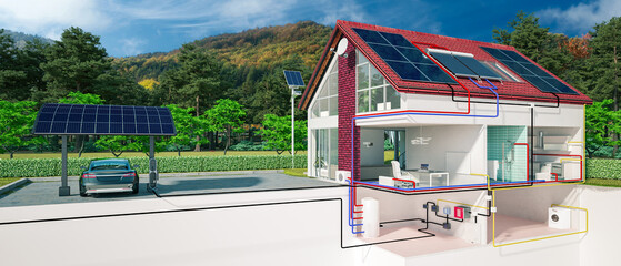 Energieversorgung mit Wärempumpe und Solaranlage bei einem Niedrigenergiehaus - panoramische 3D Visualisierung - 726254021