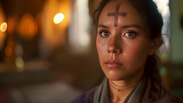 Humble woman with an ashen cross on her forehead in temple. Ash wednesday
