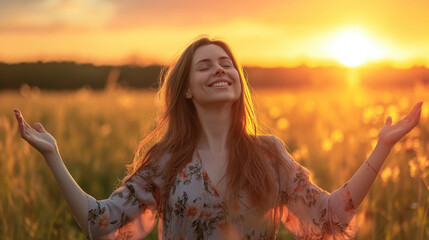 Happy Woman Embracing Life in Sunset Blissful Outdoor Moment