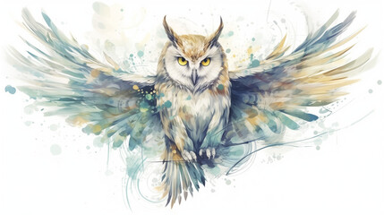 The abstract owl portrait with colorful double exposure paint water color, cartoon, hand drawing, animation 3D, vibrant, minimalist style. ai generated.