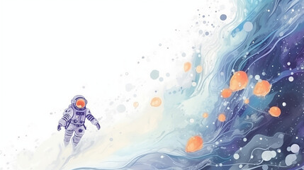 The beauty of a painting of an astronaut floating in a colorful bubbles galaxy water color, cartoon, hand drawing, animation 3D, vibrant, minimalist style. ai generated. - obrazy, fototapety, plakaty