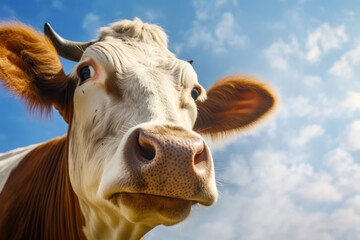 
Close-up view of a cow's moist and textured nose with a countryside backdrop