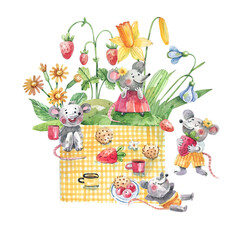 Mice on a spring picnic in the flowers of daffodils, bluebells and strawberries watercolor illustration. Watercolor illustration in children's style.