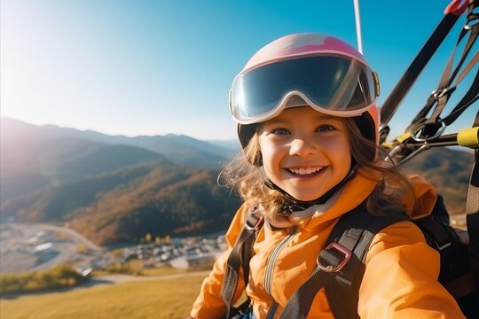 Little girl skydiver with helmet and goggles on the background of mountains