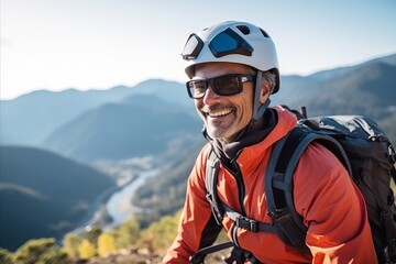 Portrait of a happy senior male mountain climber wearing helmet and glasses - obrazy, fototapety, plakaty