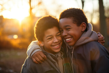11-year-old African American boys, sharing a warm, friendly hug in a sunlit park first teenage crush