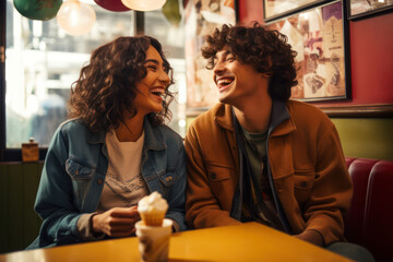 Photo of 19-year-old Latino teenagers, a boy and a girl, sharing a laugh over ice cream in a cozy café first teenage crush - obrazy, fototapety, plakaty