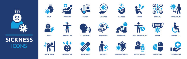Sickness icon set. Containing disease, fever, patient, sick, illness, infection, symptom, injury, pain and more. Solid vector icons collection. - 726255060