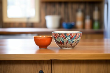 ceramic bowl with handmade ornaments on wooden table