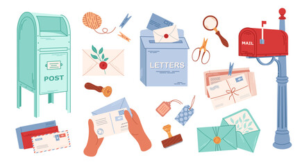 Set of mail items. Sealing wax, postal envelopes and cards. Different postboxes. Delivery, message, communication concept. Isolated vector illustration.