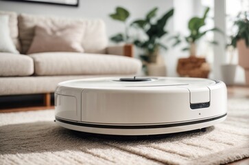 Fototapeta premium Modern robot vacuum cleaner on soft carpet in bright modern scandi living room with sofa and room flowers on background. AI generated