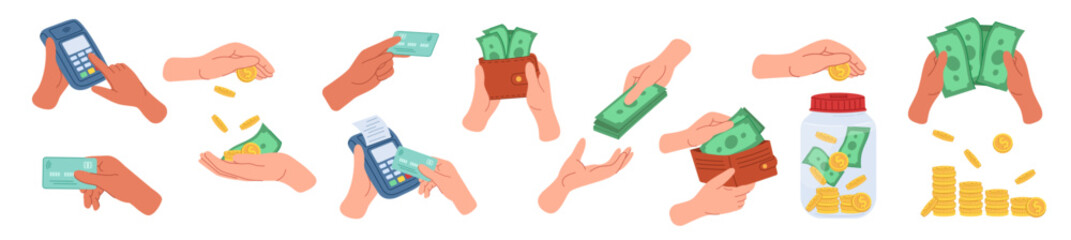 Big financial set. Arms with paper bills, coins, bank cards, payment terminal. Spending, paying, giving money. Financial concept hand drawn illustration isolated on white background.