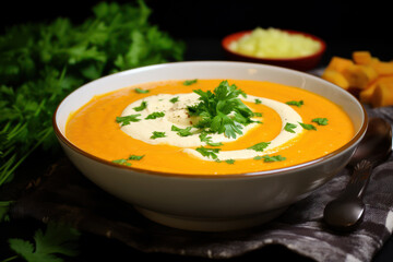 A creamy vegan carrot and ginger soup, served in a white bowl, garnished with coconut cream and parsley