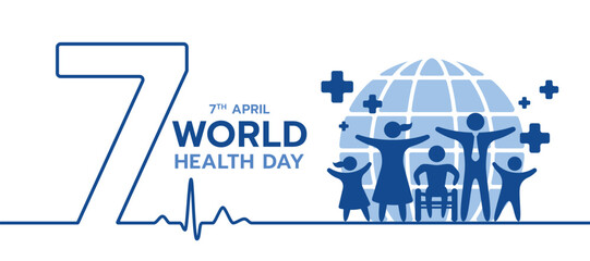 World Health Day - Group of adults children and disabled people standing on globe with rhythm wave and seven number line vector design