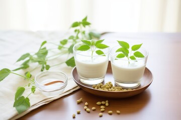 Obraz na płótnie Canvas soy yogurt in small glass bowls with a soybean plant