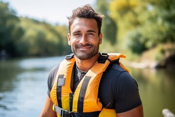 Portrait of a smiling young man in life jacket standing by river