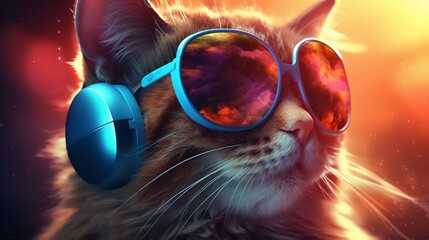 Cool Cat in Headphones and Sunglasses Listens to Music