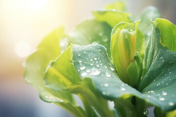 a bunch of bok choy with dew drops in early morning light