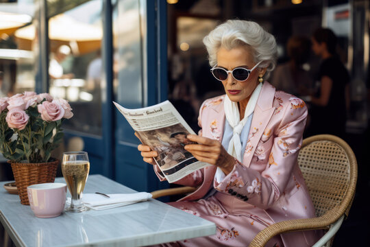 
Photo of a suave elderly lady in a trendy suit and sneakers, reading a contemporary magazine at a street café