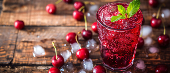 Glass of cherry soda with ice