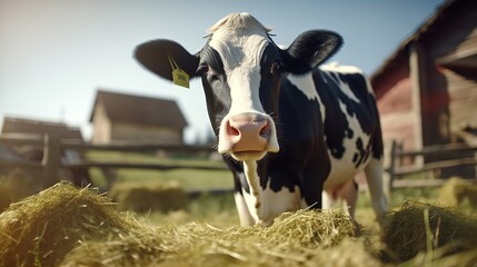 Cow Eating Hay at Cattle Farm: 8K/4K Photorealistic

 - obrazy, fototapety, plakaty