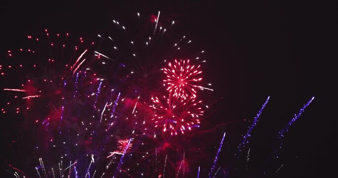 Fireworks in night sky after celebration. The colors are red, white and blue