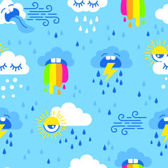 Vibrant seamless pattern. Vector hand drawn illustration. Set of weather elements in a flat cartoon style on blue background