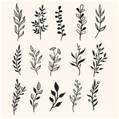 Leaf branch wreath rustic set. Illustration doodle and line art